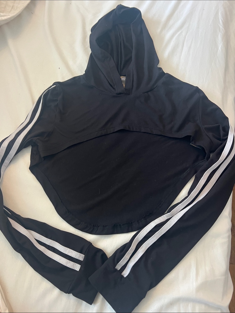 feathers Black Cropped Hooded Sweatshirt with White Sleeve Stripes